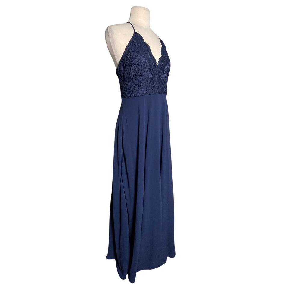 NWT LULU’s Women’s Navy Blue Chiffon Lace Maxi Full Length Dress Gown - Picture 6 of 9